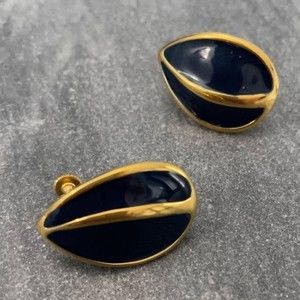 Vintage Napier Dark Blue Enamel Gold Earrings